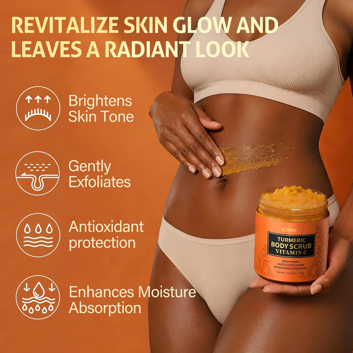 RIHAKO Turmeric Body Scrub, Exfoliating Body Scrub with Vitamin C, Deep Cleansing Skin Exfoliator Scrub, Organic Moisturizing Skincare for Bikini Area, Body, Hands, and Foot 11.64 oz