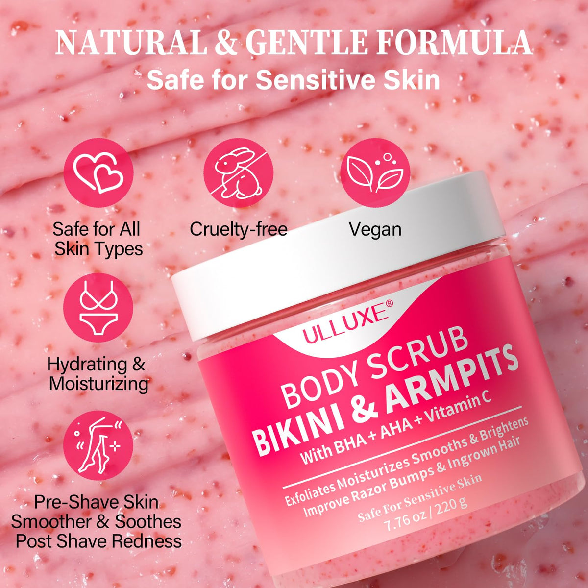 Bikini Area Exfoliator with 10% AHAs BHA & Vitamin C, Exfoliating Body Scrub for Ingrown Hair and Underarm Bumps, Dark Spots, Moisturize Brighten Soothe & Even Skin Tone, Sensitive Skin Safe, 7.76 oz