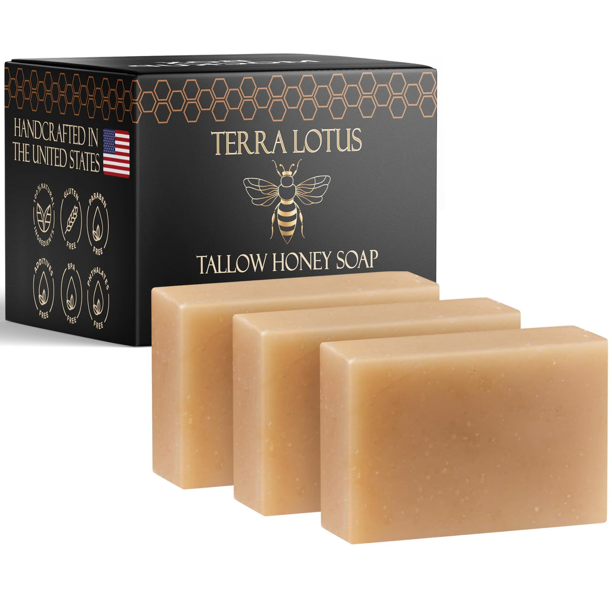 Terra Lotus - Organic Tallow Soap with Organic Castor Oil & Raw Honey - Hydrating & Nourishing - 3 Pack (Unscented)