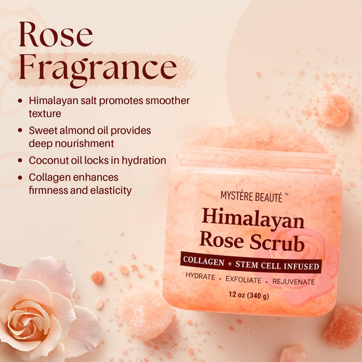 Himalayan Salt Body Scrub, Collagen & Rose Oil for Skin Cleansing, 12 fl oz