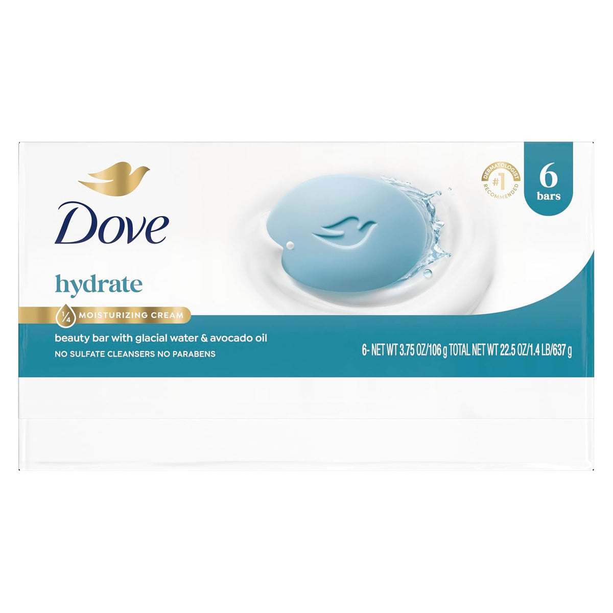 Dove Beauty Bar Soap , Glacial Water & Avocado Oil, I 6 Count 3.75 oz