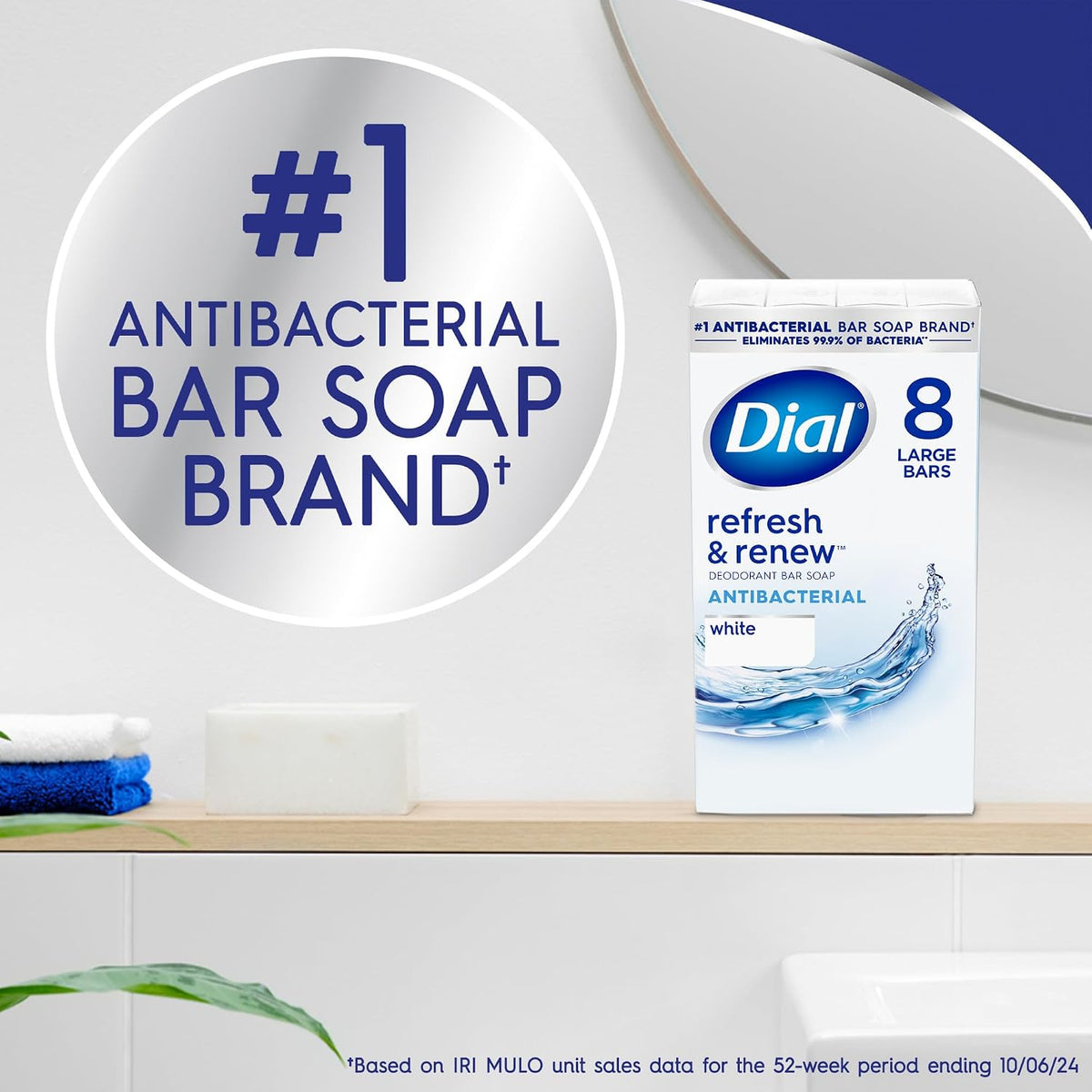 Dial Antibacterial Deodorant Bar Soap, Refresh & Renew White, 4 Oz, 32 Bars, Dermatologist Tested, With Clean Rinse Technology