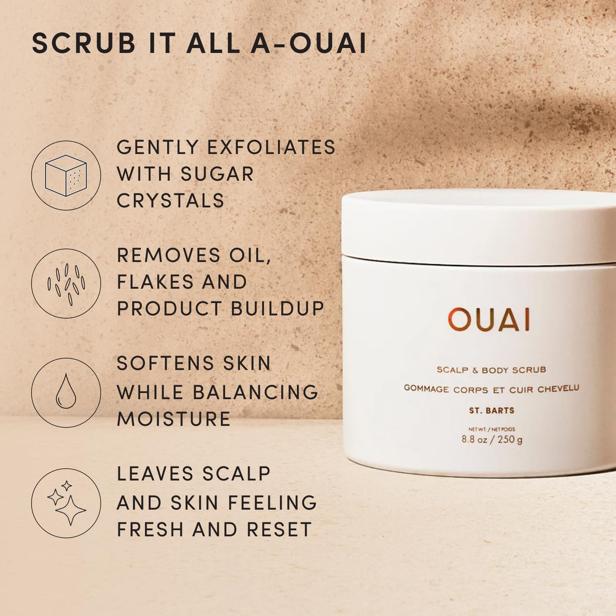 OUAI Scalp & Body Scrub, St. Barts - Exfoliating Body Scrub with Sugar & Coconut Oil Blend for Smooth, Moisturized Skin - Gentle Scalp Exfoliator for Removing Product Build Up (8.8 Oz)