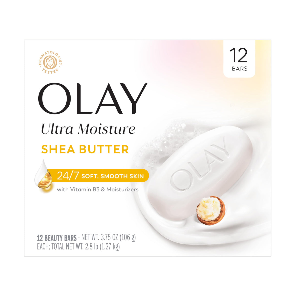 Olay Beauty Bar, Ultra Moisture,10x More Moisturizers, Nourishing Conditioners, Smooth & Gentle on Skin, Vitamin B3 Complex, For All Skin Types, Shea Butter Scent, 3.17 oz, (Pack of 12)