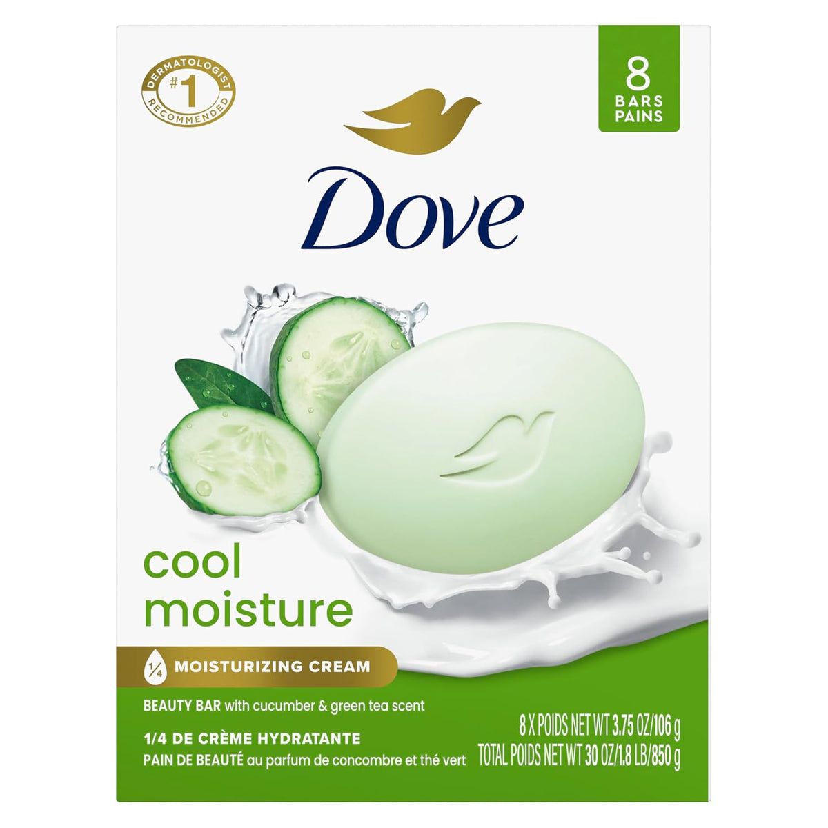 Dove Cool Moisture Beauty Bar Soap , Refreshing Cleanser, 8 Count 3.75 oz