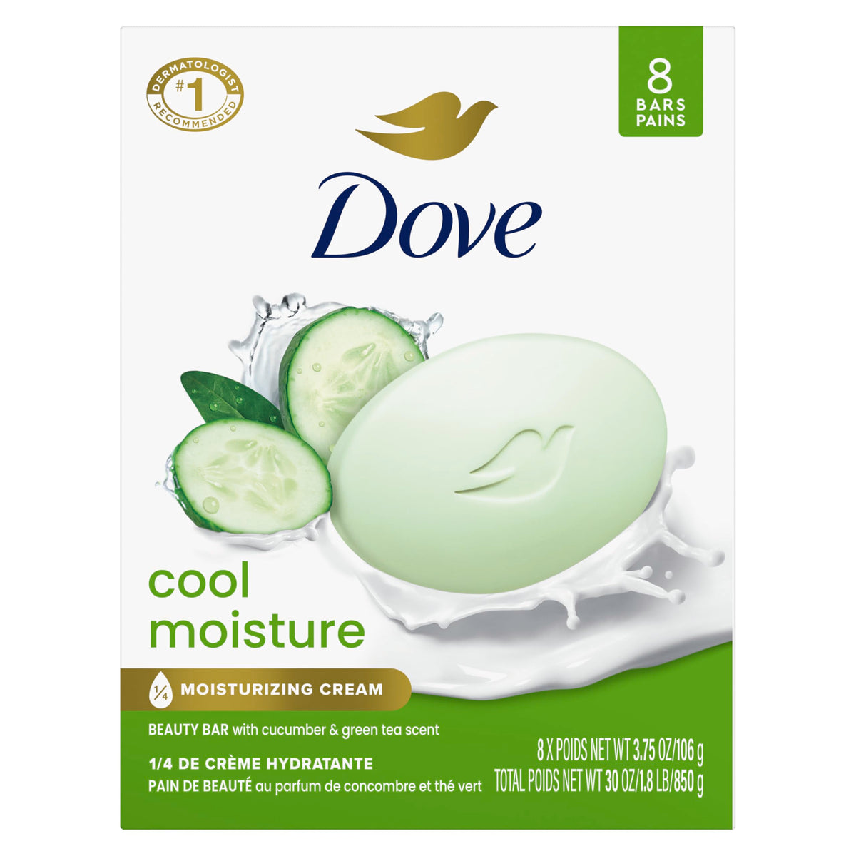 Dove Cool Moisture Beauty Bar Soap , Refreshing Cleanser, 8 Count 3.75 oz