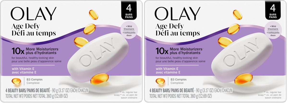 Olay Beauty Bar, Age Defying, 10x More Moisturizers, Smooth & Gentle on Skin, Vitamin E & Vitamin B3 Complex, For All Skin Types, Shea Butter Scent, 3.17 oz, (Pack of 8)