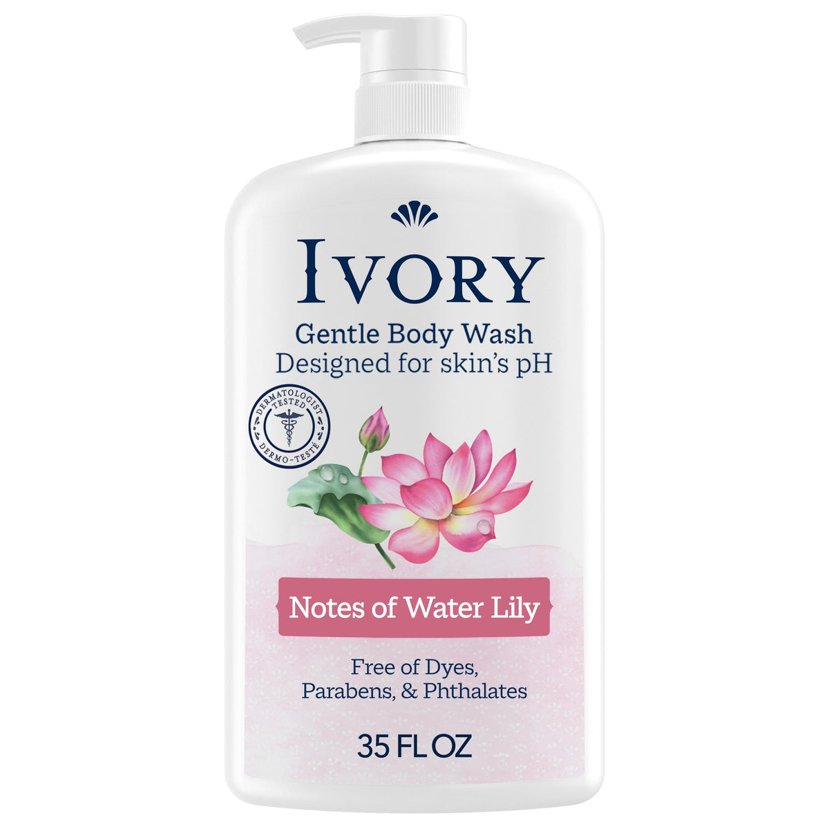 Ivory Body Wash, Designed for the Whole Family, Gentle Formula, Free of Dyes Heavy Perfumes Parabens Phthalates & Silicones, Designed for Skin's pH, Water Lily Scent, 35 oz