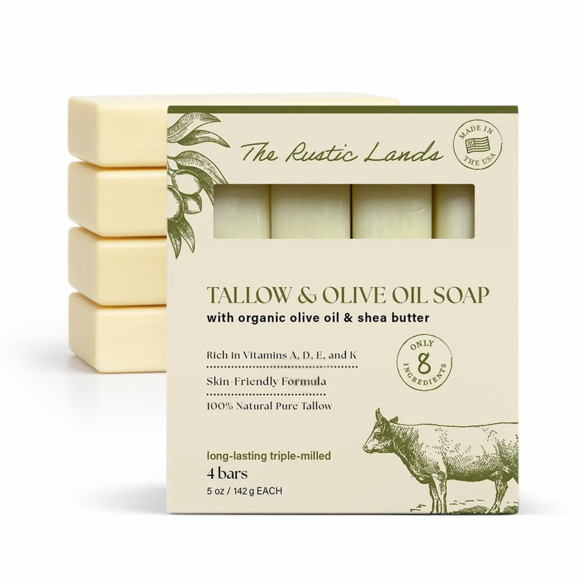 THE RUSTIC LANDS Natural Beef Tallow Soap Bars with Raw Honey & Olive Oil - Scented with Eucalyptus Essential Oil, 4 Pack (5 oz Each), Made in USA Soap for Sensitive Skin, Moisturizing Bath & Body