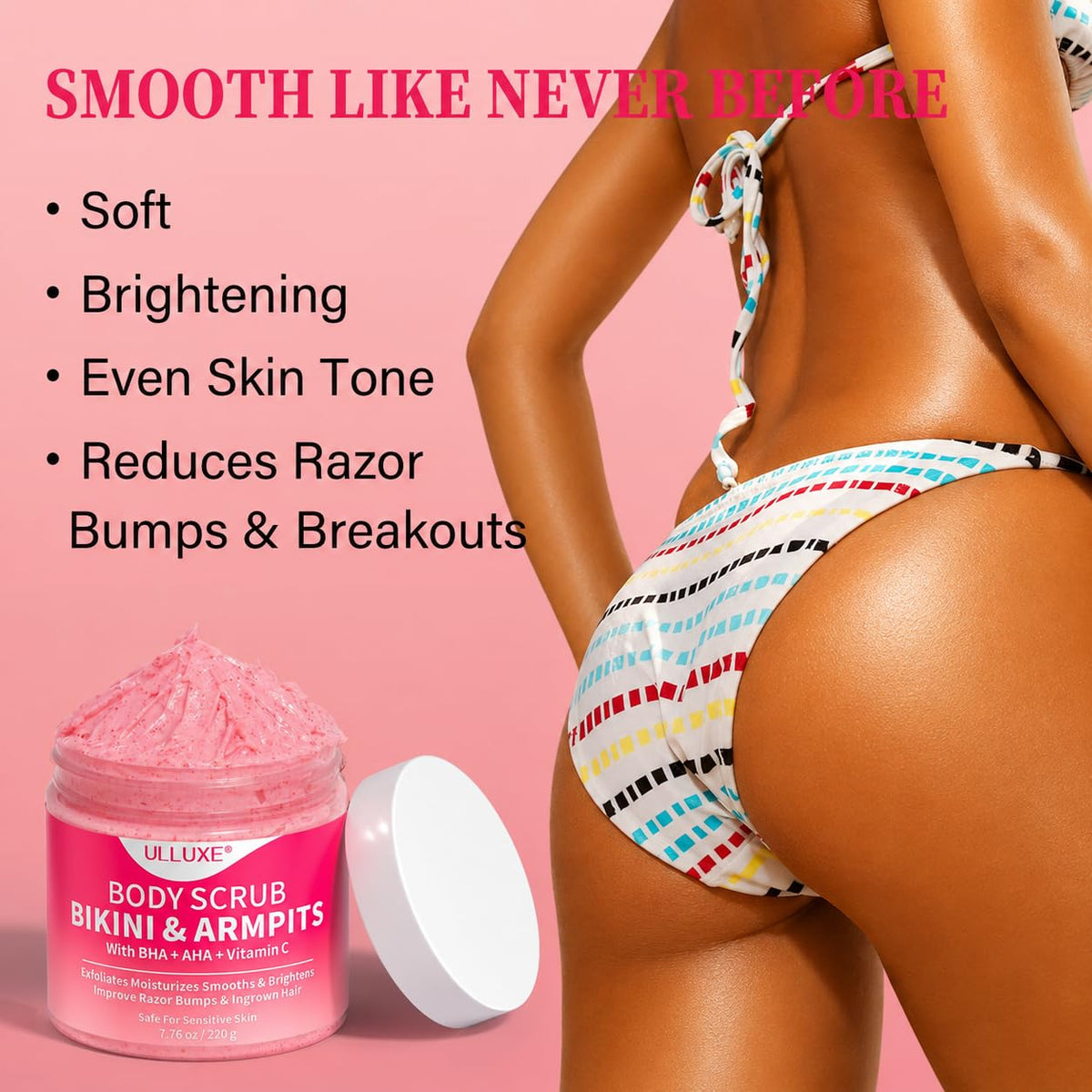 Bikini Area Exfoliator with 10% AHAs BHA & Vitamin C, Exfoliating Body Scrub for Ingrown Hair and Underarm Bumps, Dark Spots, Moisturize Brighten Soothe & Even Skin Tone, Sensitive Skin Safe, 7.76 oz
