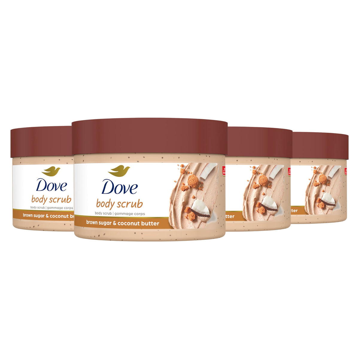 Dove Exfoliating Body Polish Scrub Reveals Visibly Smoother Skin Macadamia & Rice Milk Body Scrub That Nourishes Skin, 10.5 oz, 4 Count