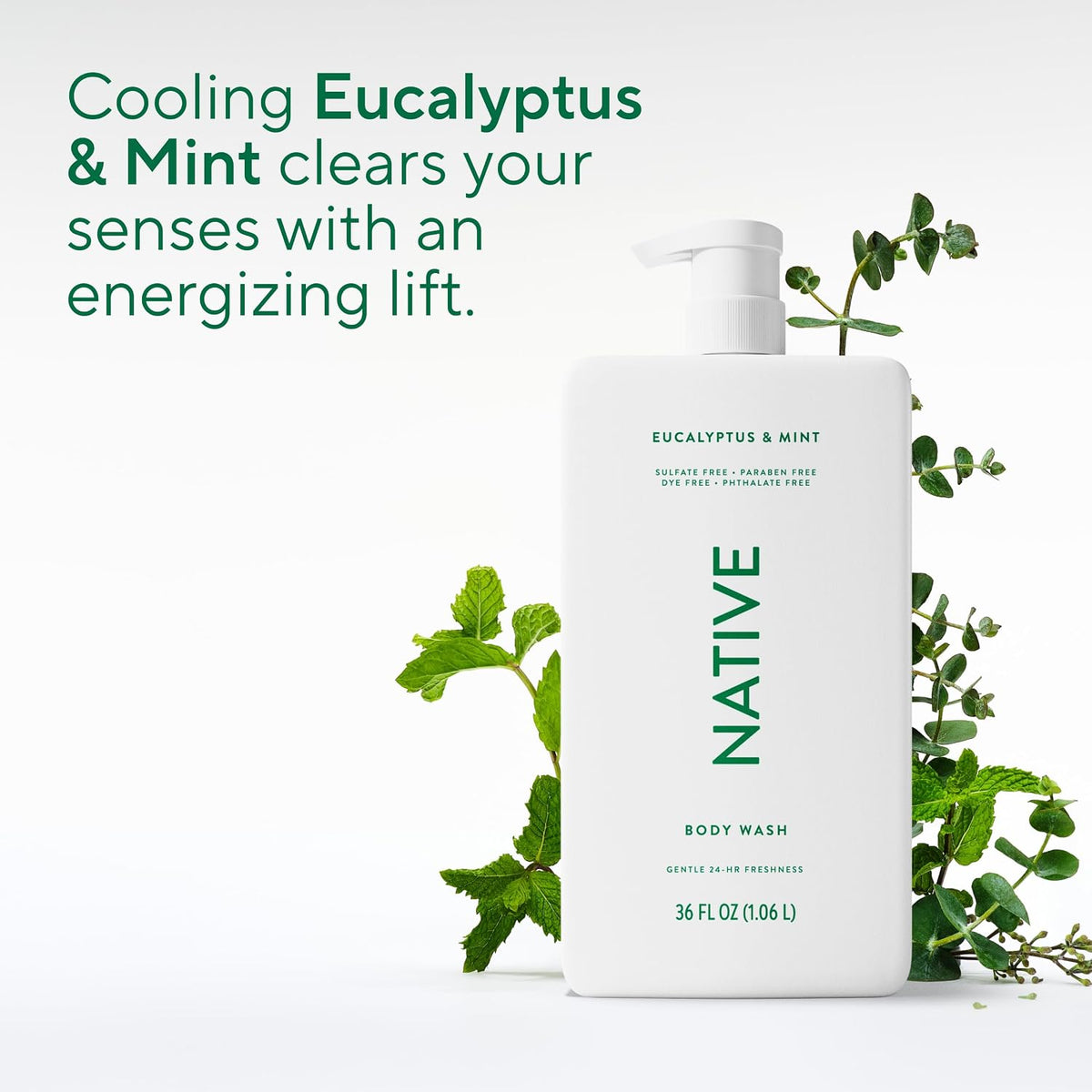 Native Clean Body Wash, Gentle & pH-balanced for Sensitive Skin, 24-Hr Freshness for Women & Men, Vegan & Cruelty-Free, Free of Sulfates, Parabens & Phthalates, Eucalyptus & Mint, 36 oz