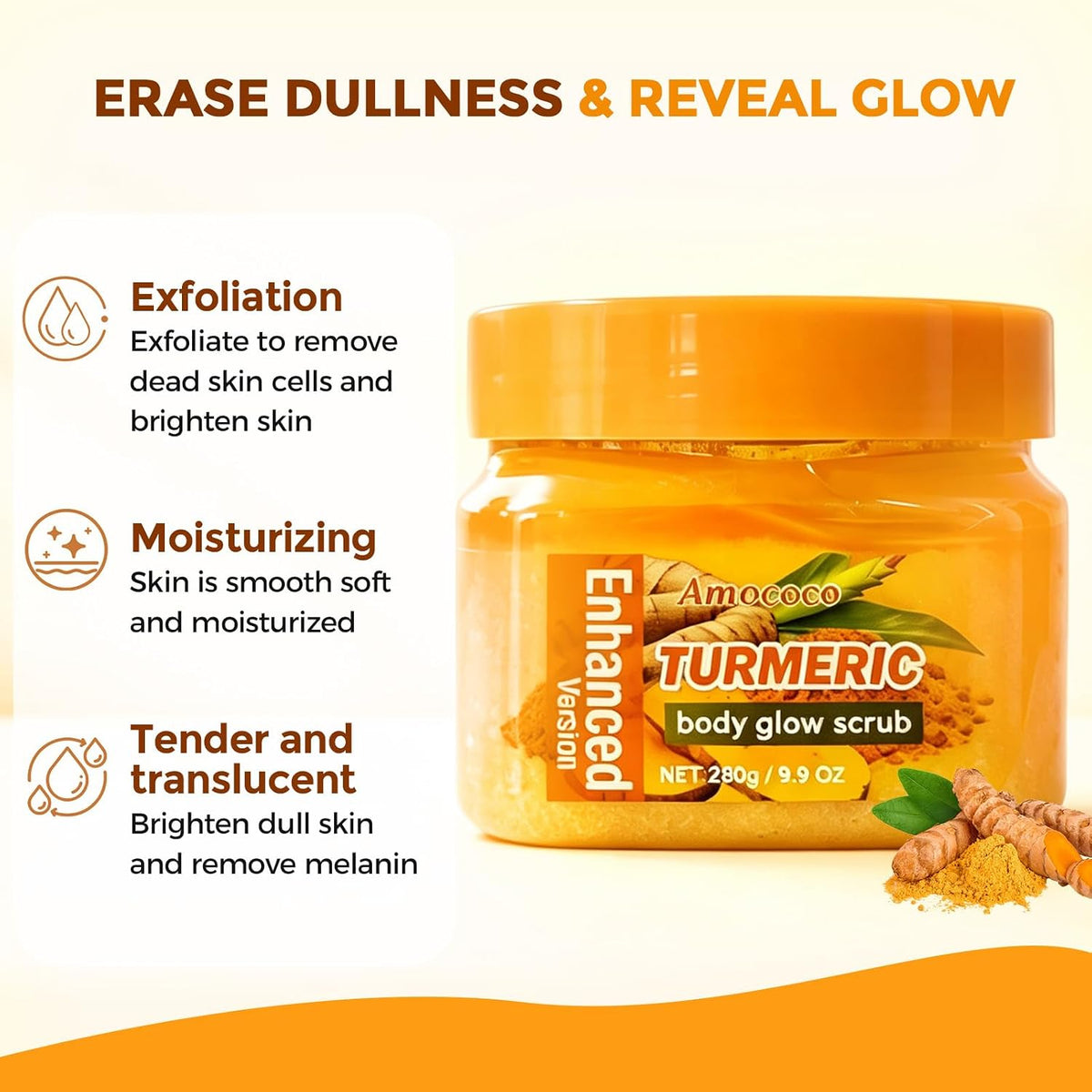 4Packs Turmeric Body Scrub, Botanical Skin Cleanser for Dullness & Uneven Tone, Gentle Exfoliating Scrub for Smooth & Glowing Skin Texture, 9.8 oz*4
