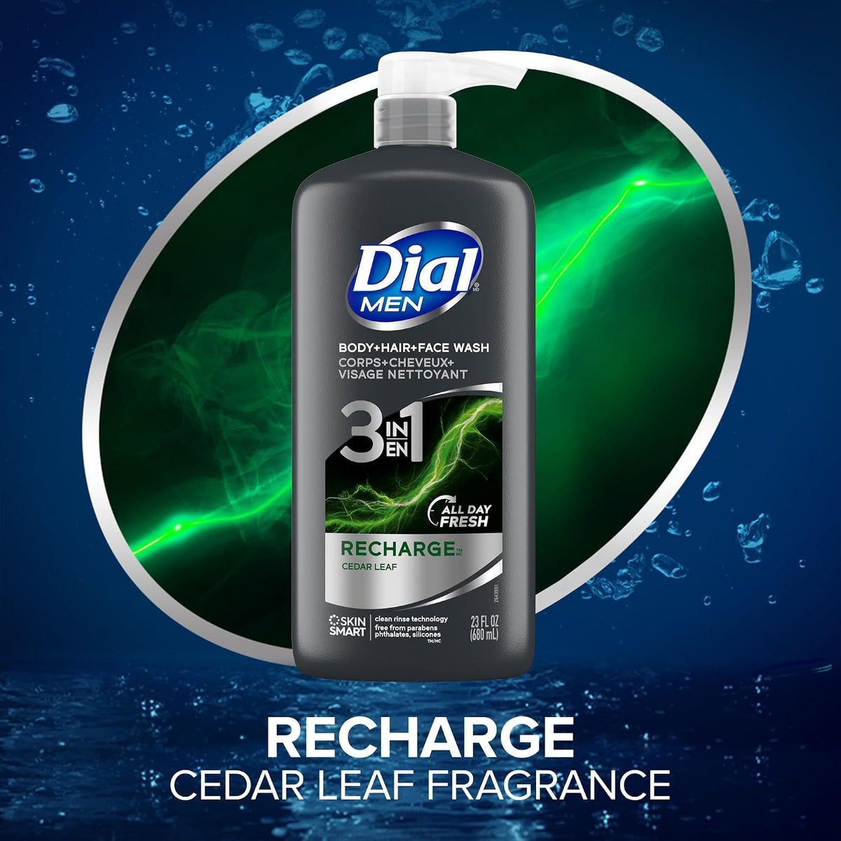 Dial Men 3-in-1 Body, Hair and Face Wash, Recharge, 23 Fl Oz, 3-Pack