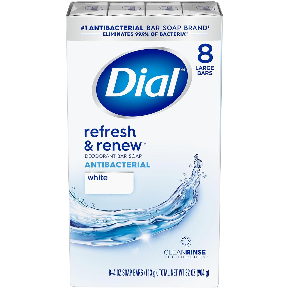 Dial Antibacterial Deodorant Bar Soap, Refresh & Renew White, 4 Oz, 32 Bars, Dermatologist Tested, With Clean Rinse Technology
