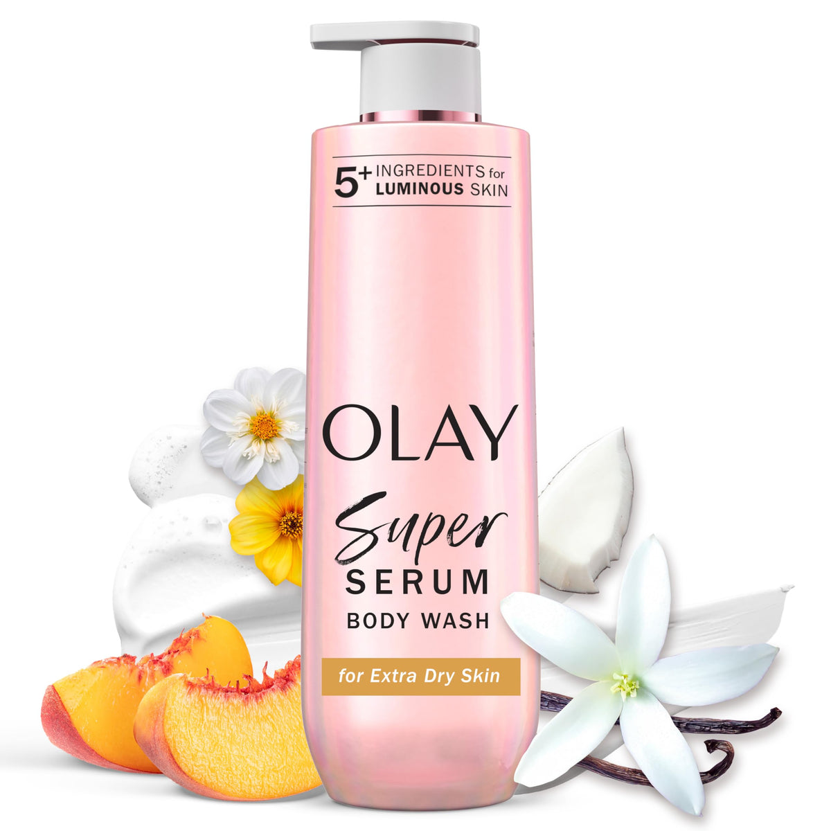 Olay Super Serum Body Wash for Extra Dry Skin, 24hr Long Lasting Rich Hydration, 5+ Ingredient Complex for Bright, Even, Firm, & Luminous Skin, with Collagen Peptide, Vitamin C & Shea Butter, 20 fl oz