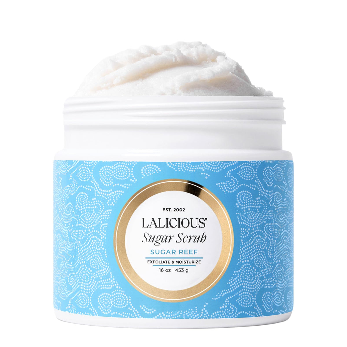 LALICIOUS Sugar Kiss® Exfoliating & Moisturizing Body Scrub | Sugar & Coconut Oil | Pre-Shave Scrub for Ingrown Hairs & Razor Bumps | Gently Buffs & Smooths Sensitive Skin | No Parabens | Large 16oz