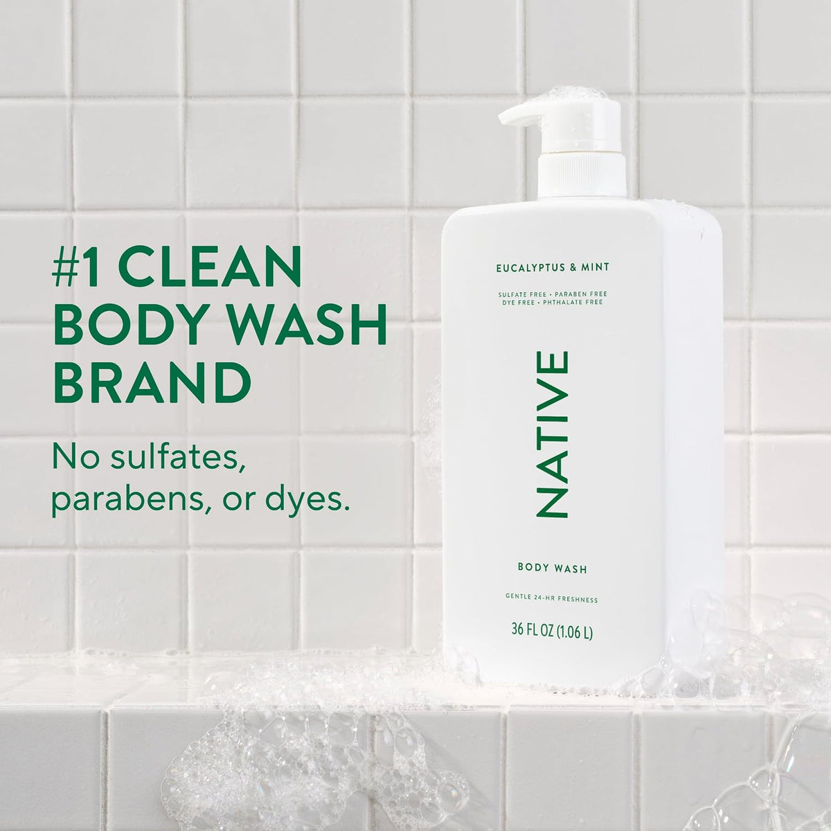 Native Clean Body Wash, Gentle & pH-balanced for Sensitive Skin, 24-Hr Freshness for Women & Men, Vegan & Cruelty-Free, Free of Sulfates, Parabens & Phthalates, Eucalyptus & Mint, 36 oz
