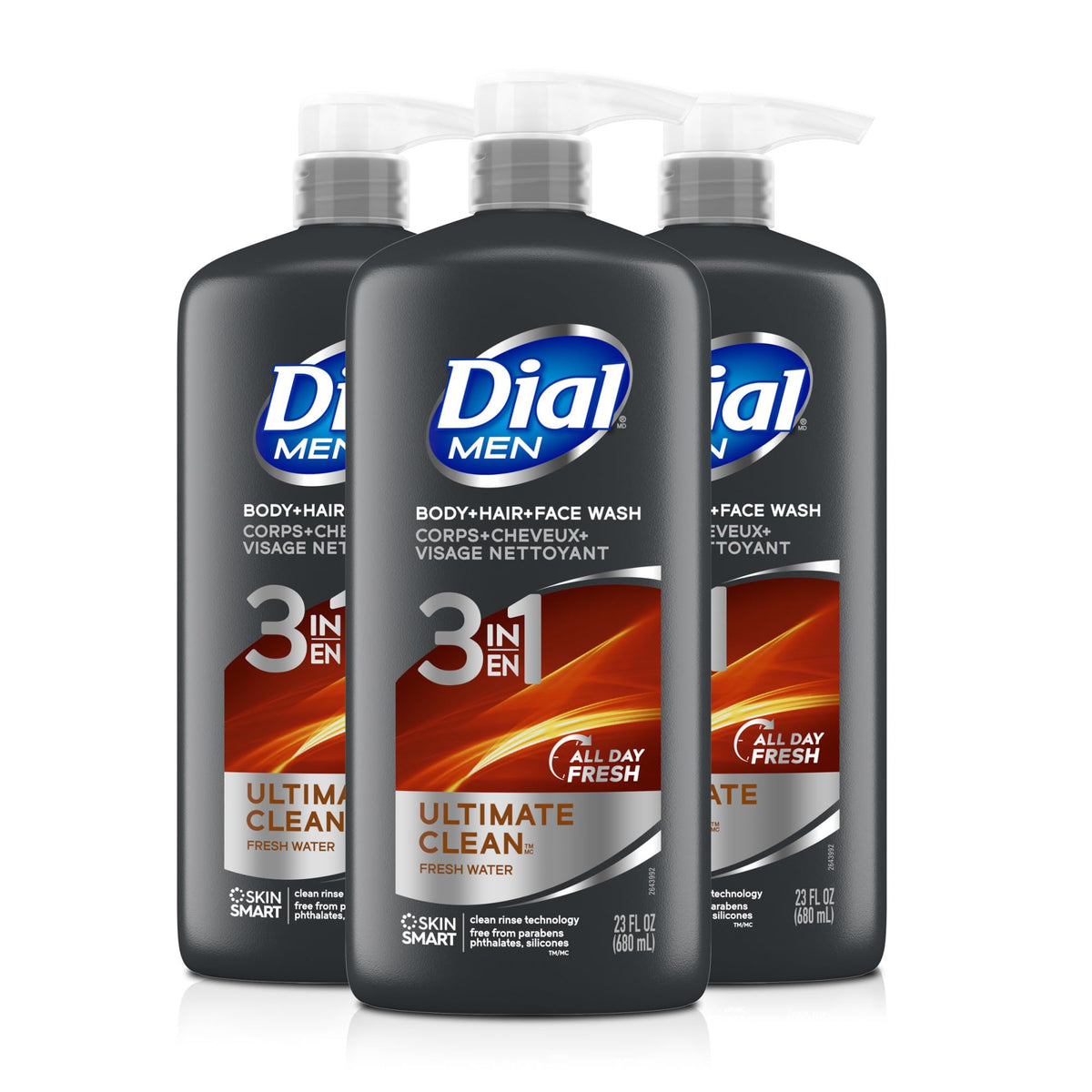 Dial Men 3-in-1 Body, Hair and Face Wash, Recharge, 23 Fl Oz, 3-Pack