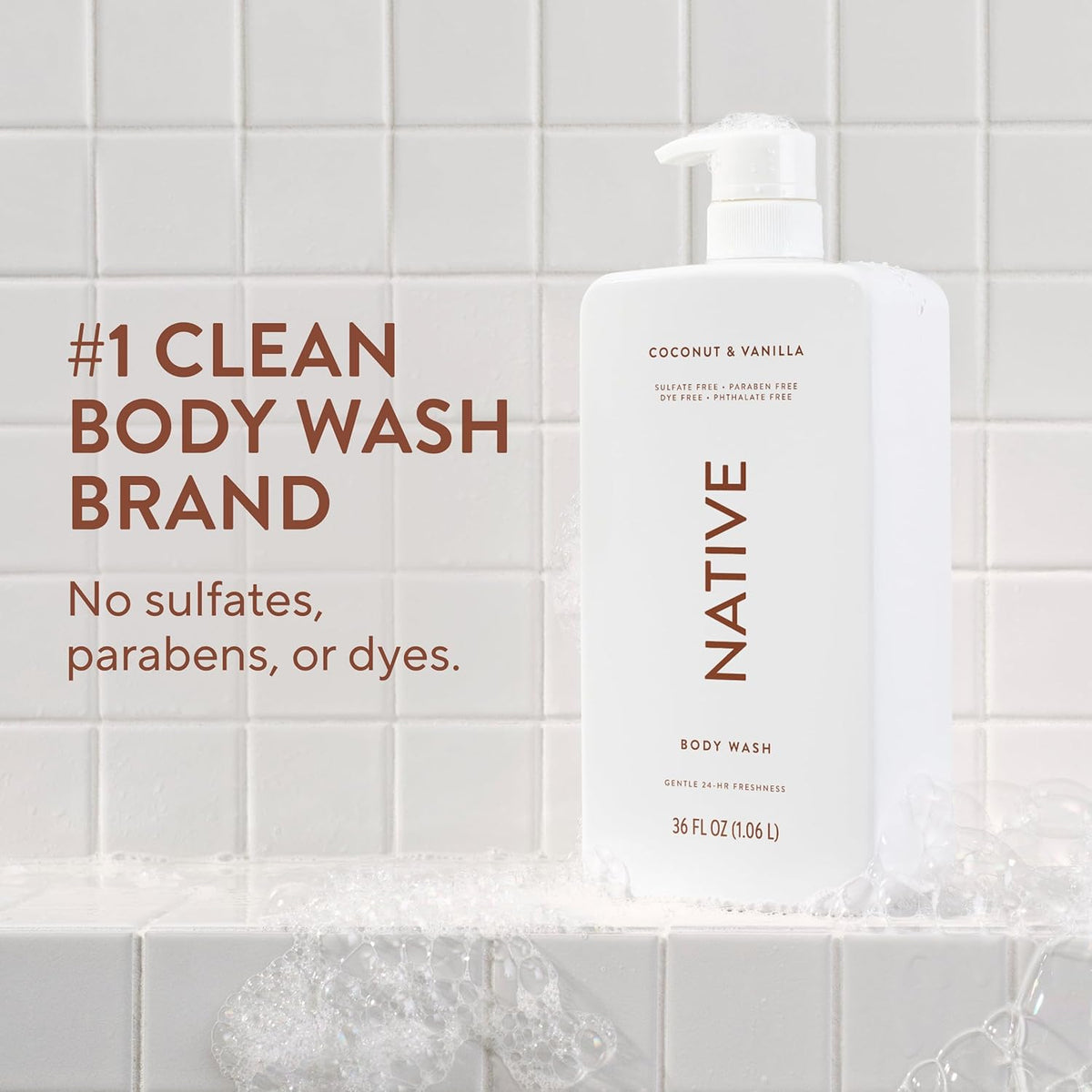 Native Clean Body Wash, Gentle & pH-balanced for Sensitive Skin, 24-Hr Freshness for Women & Men, Vegan & Cruelty-Free, Free of Sulfates, Parabens & Phthalates, Coconut & Vanilla, 36 oz