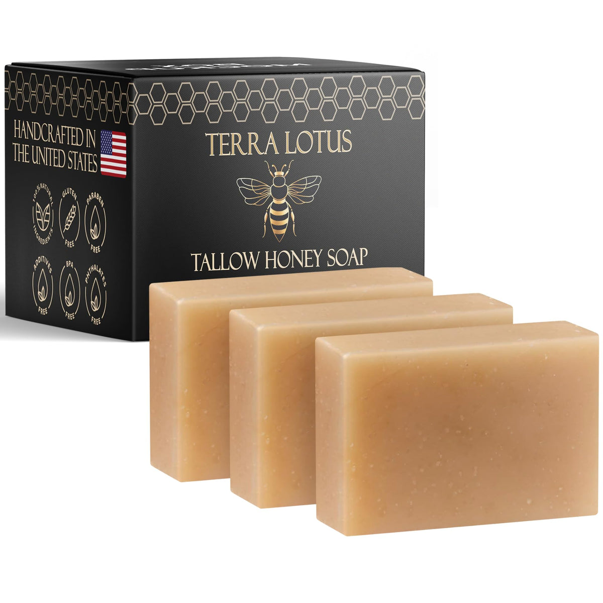 Terra Lotus - Organic Tallow Soap with Organic Castor Oil & Raw Honey - Hydrating & Nourishing - 3 Pack (Unscented)