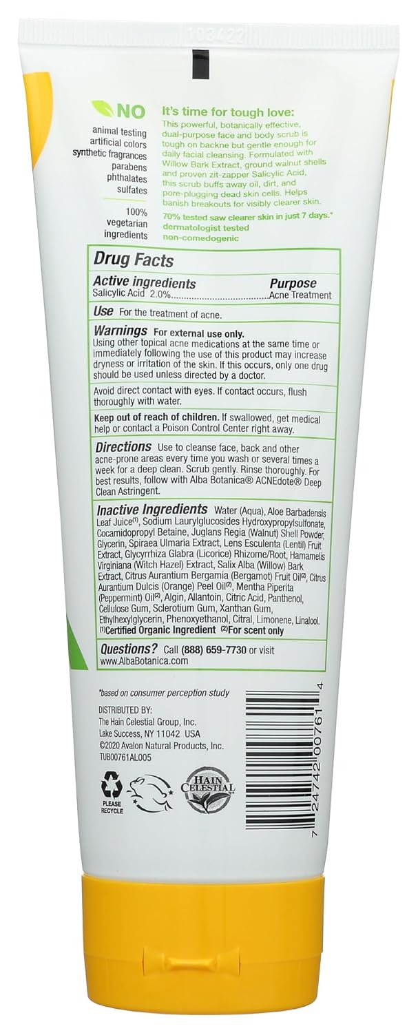 Alba Botanica Acnedote Maximum Strength Face & Body Scrub for Acne Treatment, Blackhead Scrub, 8 Oz