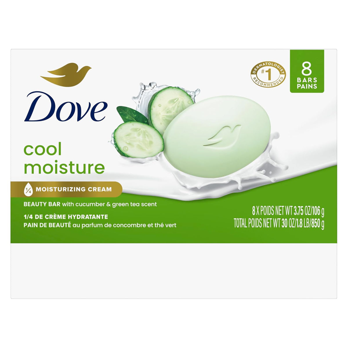 Dove Cool Moisture Beauty Bar Soap , Refreshing Cleanser, 8 Count 3.75 oz