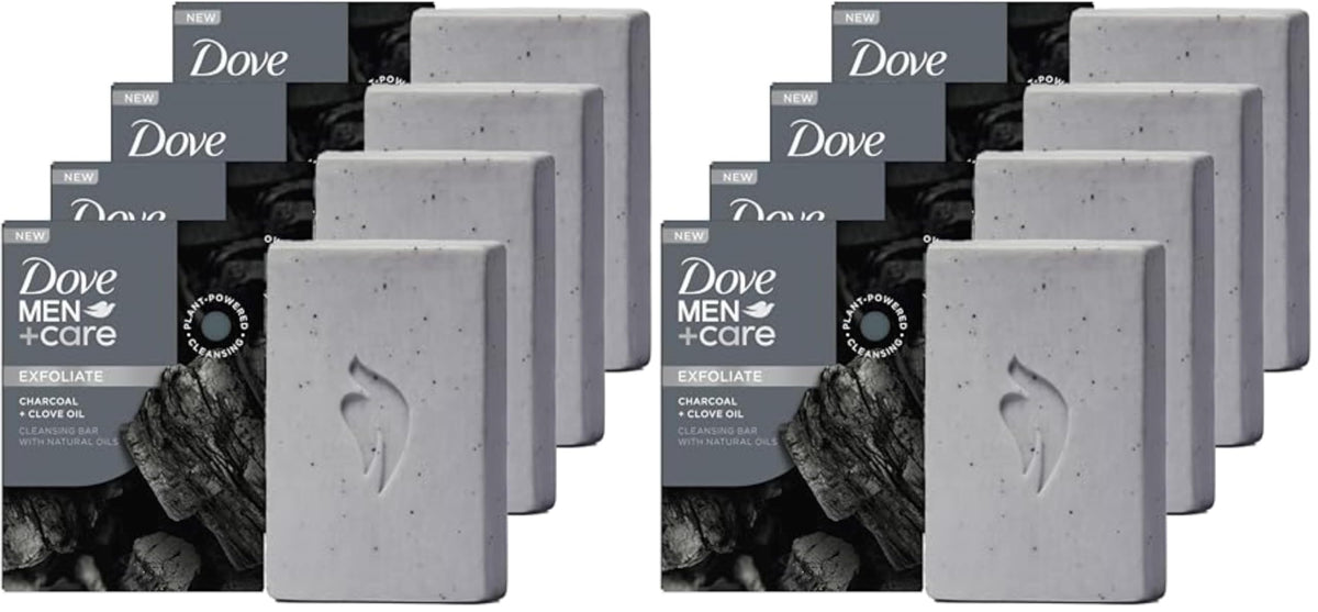 DOVE MEN + CARE Cleansing Bar Soap Charcoal + Clove Oil 4 Count to Rebuild Skin in the Shower, a 4in1 Hair, Body, Face & Shaving Bar with Plant-Based Cleanser and Natural Oils 5 oz