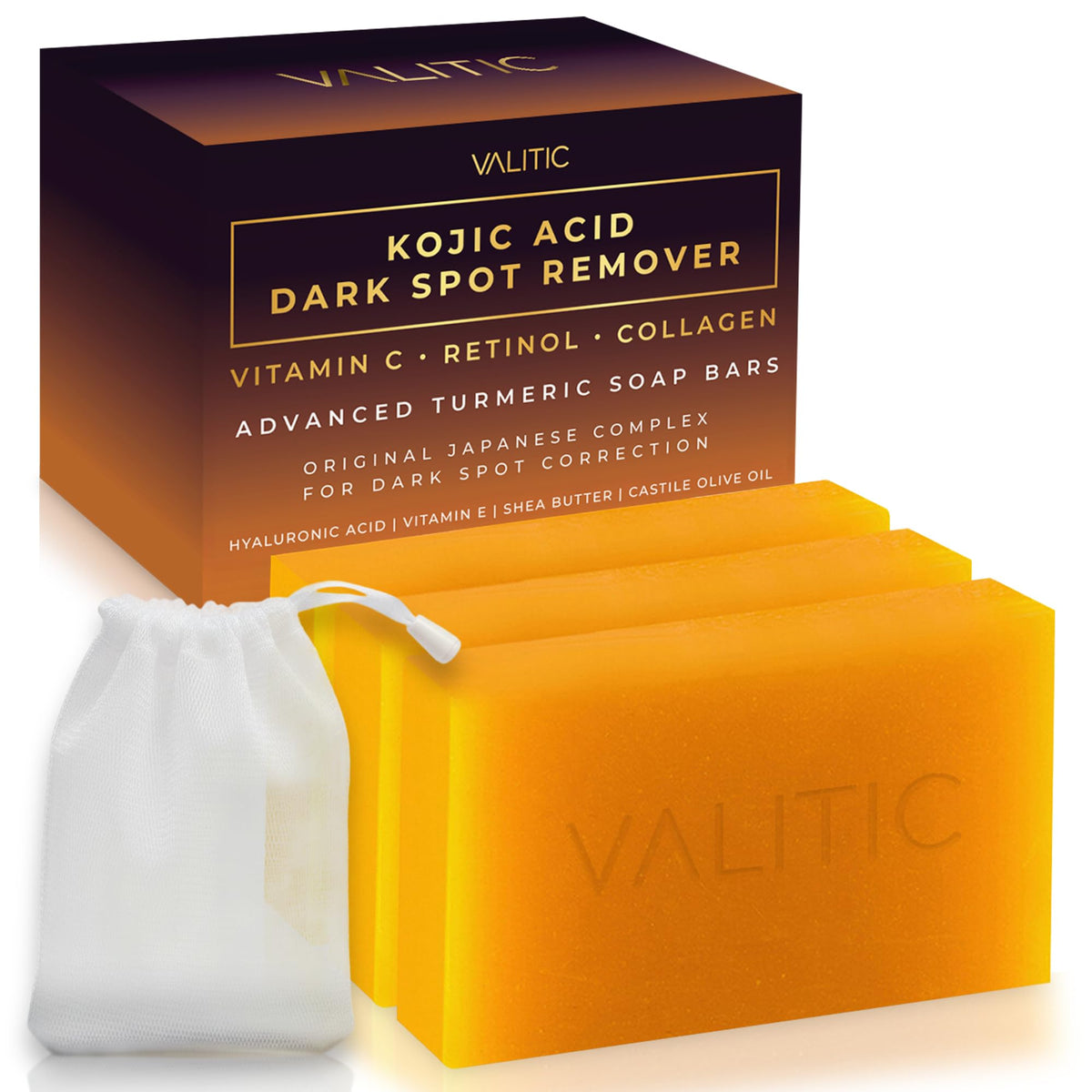 VALITIC Kojic Acid Dark Spot Remover Soap Bars, Turmeric Bar Soaps 3 Pack