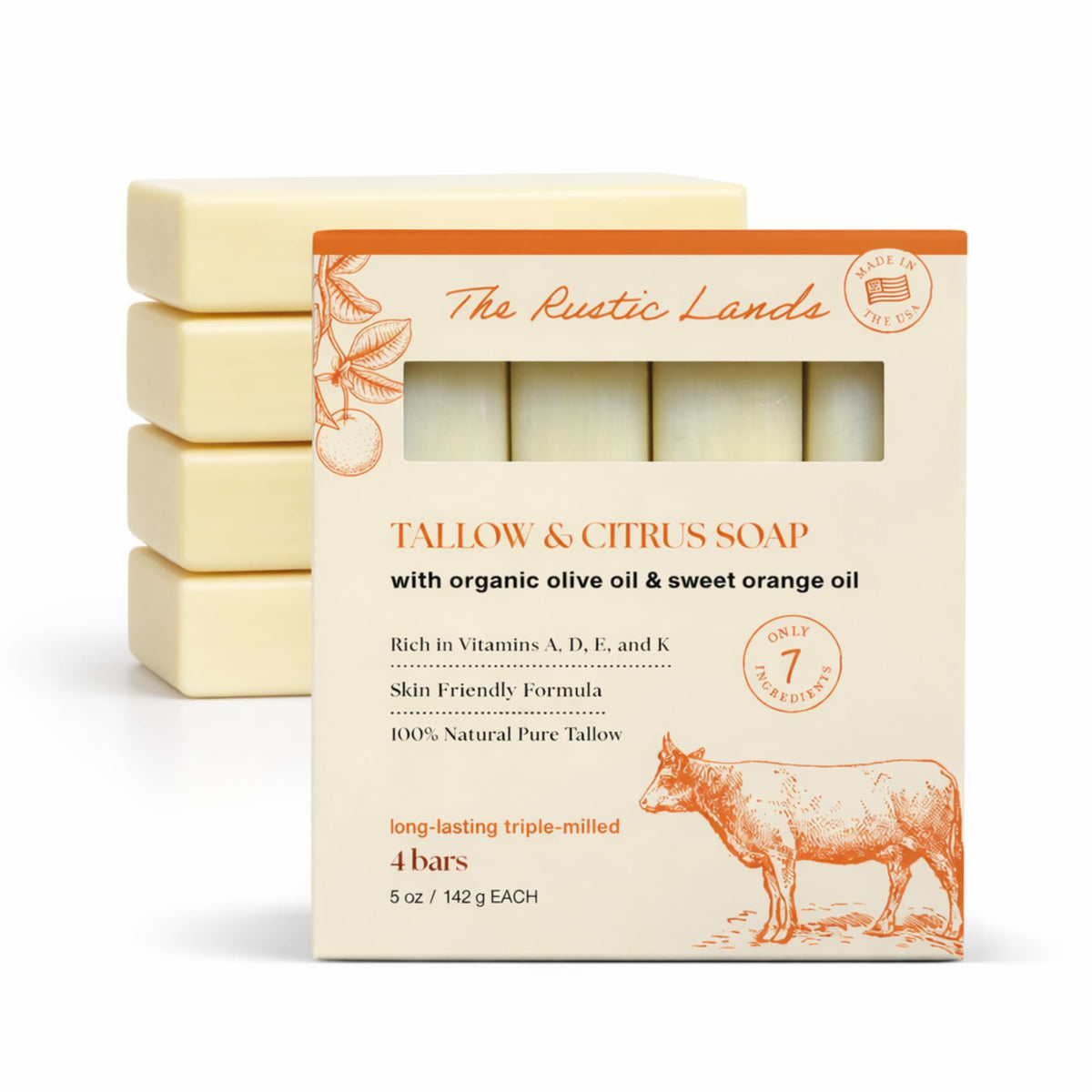 THE RUSTIC LANDS Natural Beef Tallow Soap Bars with Raw Honey & Olive Oil - Scented with Eucalyptus Essential Oil, 4 Pack (5 oz Each), Made in USA Soap for Sensitive Skin, Moisturizing Bath & Body