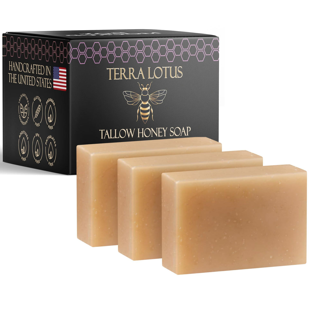 Terra Lotus - Organic Tallow Soap with Organic Castor Oil & Raw Honey - Hydrating & Nourishing - 3 Pack (Unscented)