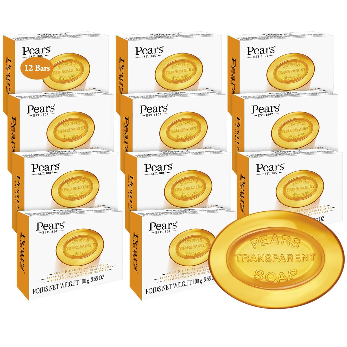 Pears Soap, Pure & Gentle with Natural Oils, 12-Pack – Transparent Amber Glycerin Soap for Pampered, Glowing Skin, 4.4 Oz Ea
