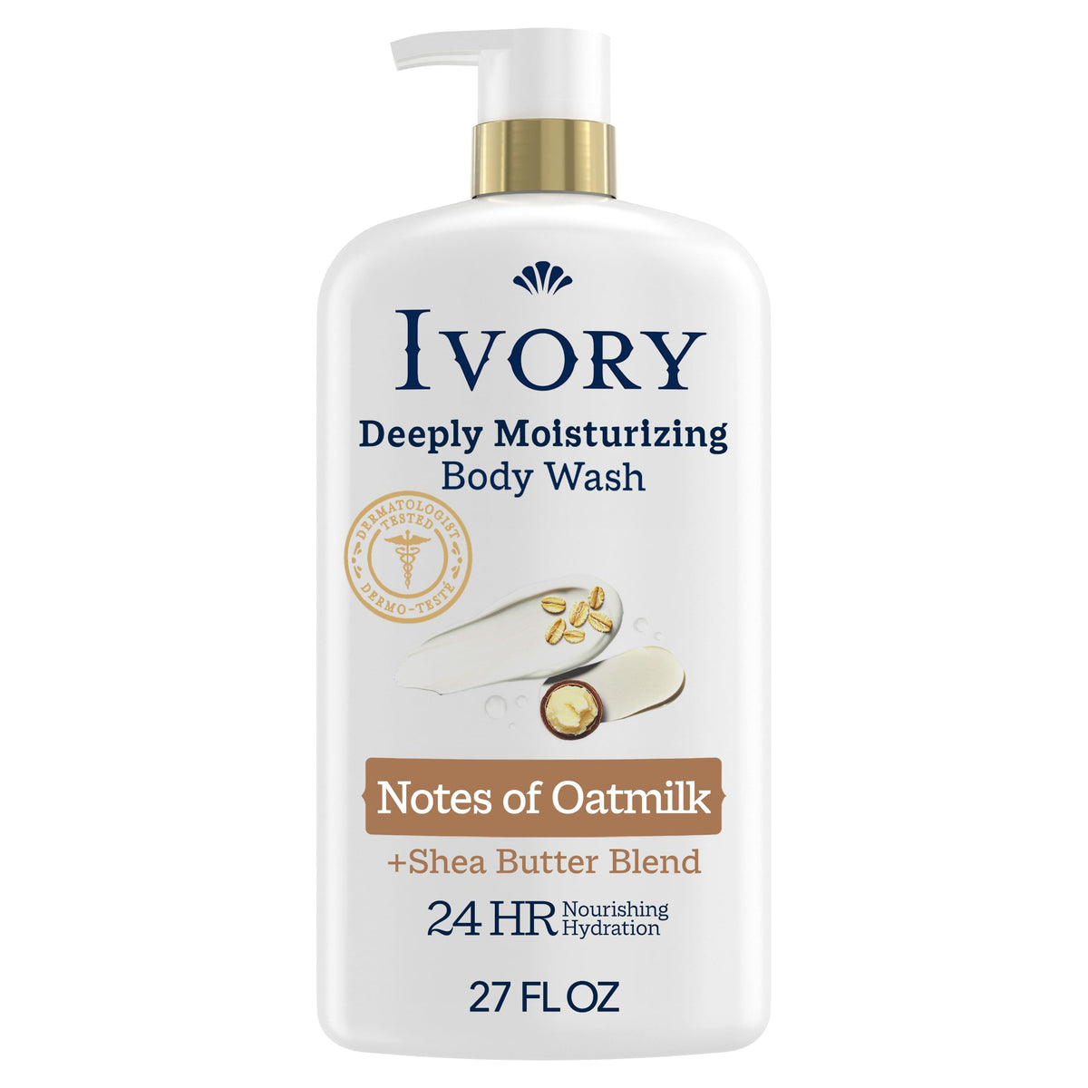 Ivory Deeply Moisturizing Body Wash, 24hr Nourishing Hydration, Soothes Itchy Dry Skin, Made with Shea Butter Blend, Free of Dyes Heavy Perfumes Parabens & Phthalates, Oatmilk Scent, 27 oz