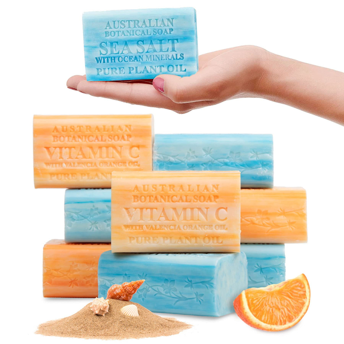 Australian Botanical Soap Variety Pack, 6.6 oz Bars – Goat Milk, Eucalyptus, Manuka Honey, Sea Salt, Pink Lychee, Lemongrass, Raspberry, Valencia Orange – Enriched with Organic Shea Butter, Pack of 8