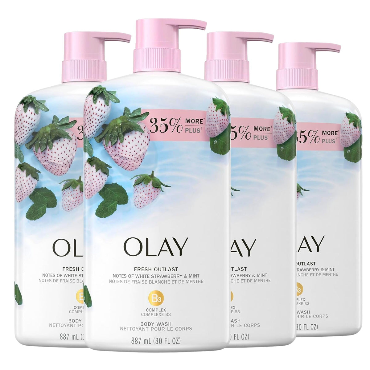 Olay Body Wash for Women, Fresh Radiance, Refreshing & Renewing, Made with Plant Based Cleansers, B3 Botanical Complex, For All Skin Types, Birch Water & Lavender Scent, 33 fl oz (Pack of 4)
