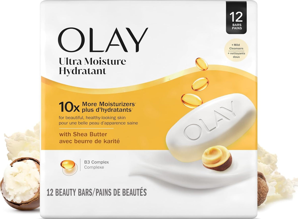 Olay Beauty Bar, Ultra Moisture,10x More Moisturizers, Nourishing Conditioners, Smooth & Gentle on Skin, Vitamin B3 Complex, For All Skin Types, Shea Butter Scent, 3.17 oz, (Pack of 12)