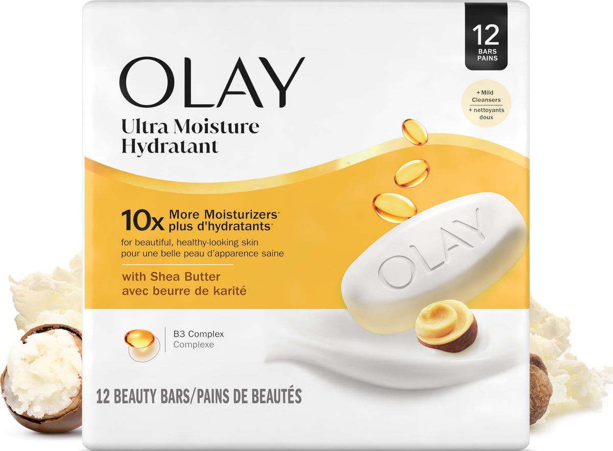 Olay Beauty Bar, Ultra Moisture,10x More Moisturizers, Nourishing Conditioners, Smooth & Gentle on Skin, Vitamin B3 Complex, For All Skin Types, Shea Butter Scent, 3.17 oz, (Pack of 12)
