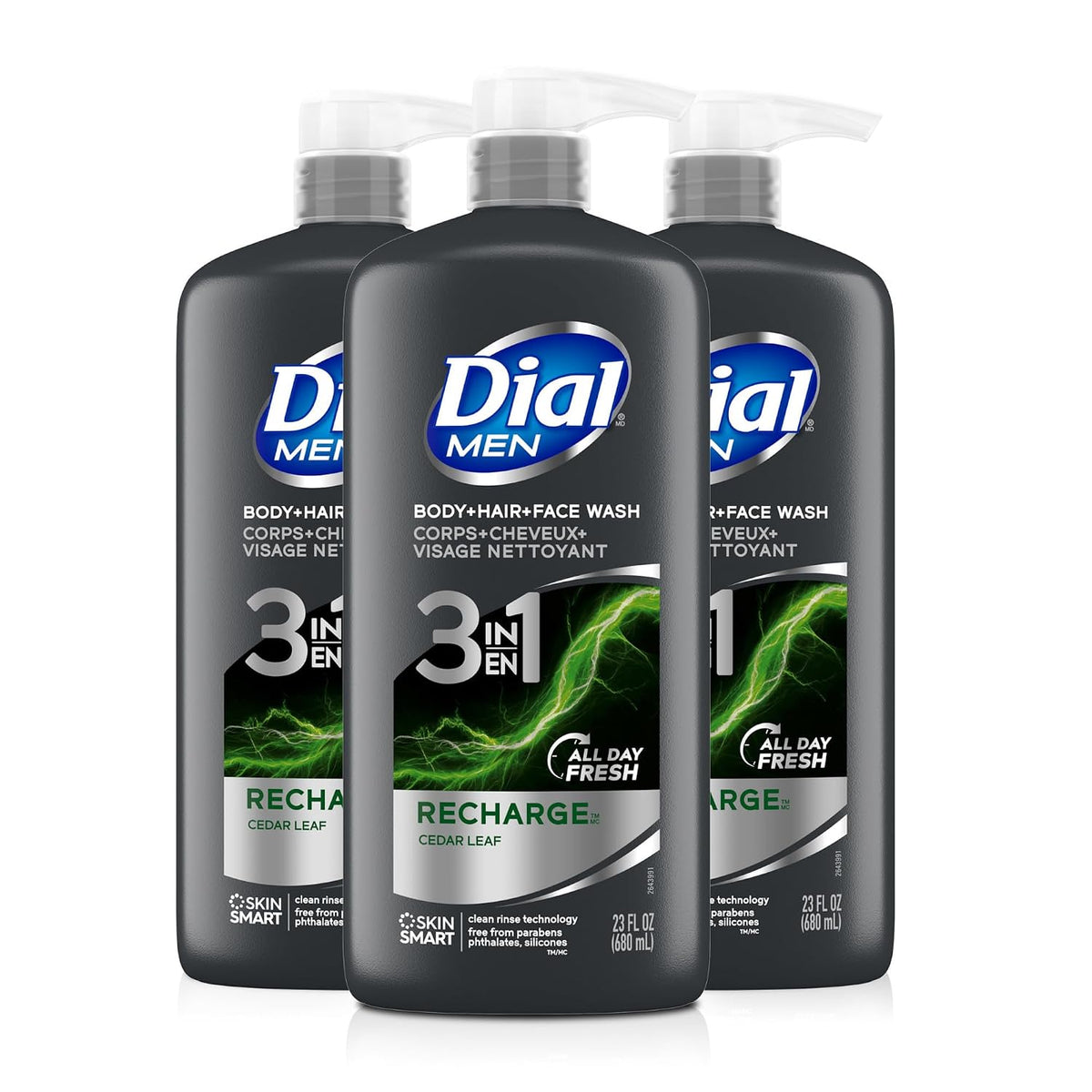 Dial Men 3-in-1 Body, Hair and Face Wash, Recharge, 23 Fl Oz, 3-Pack