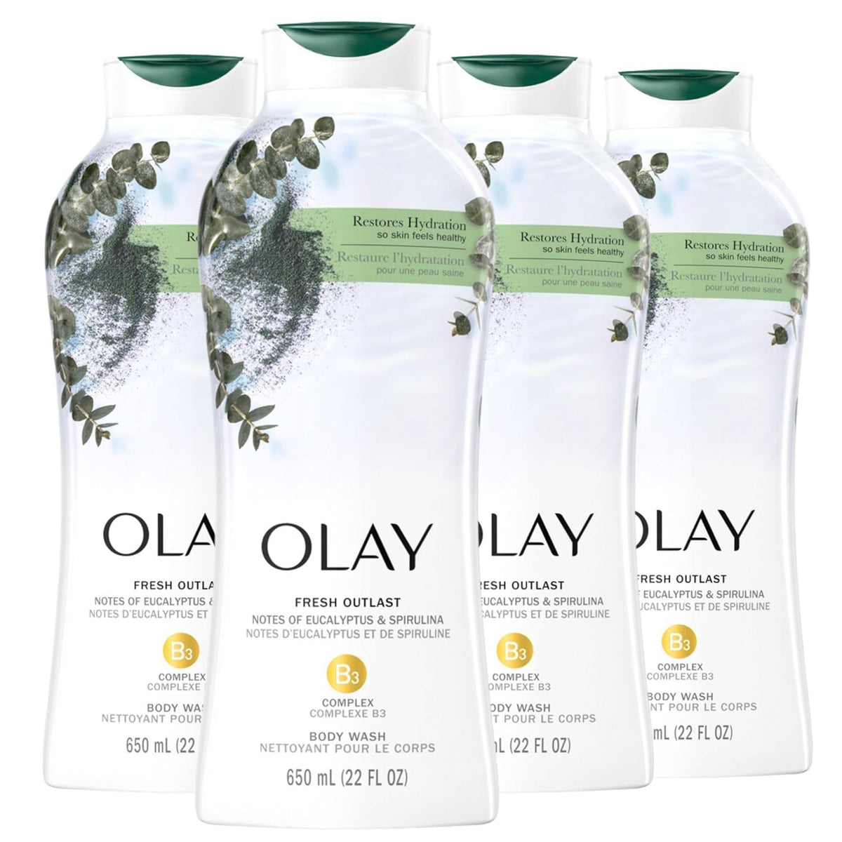 Olay Body Wash for Women, Fresh Radiance, Refreshing & Renewing, Made with Plant Based Cleansers, B3 Botanical Complex, For All Skin Types, Birch Water & Lavender Scent, 33 fl oz (Pack of 4)
