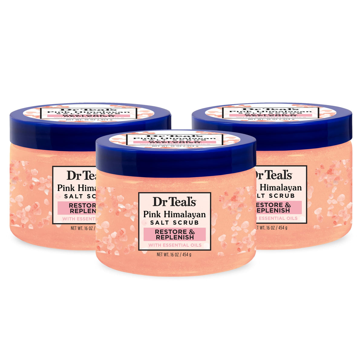 Dr Teal's Pink Himalayan Salt Body Scrub, Glow & Radiance with Pure Epsom Salt & Citrus Essential Oils 16 oz (Pack of 3)