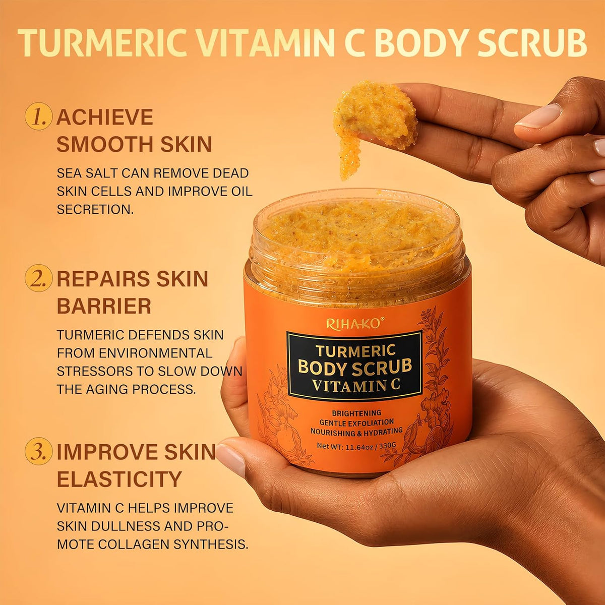RIHAKO Turmeric Body Scrub, Exfoliating Body Scrub with Vitamin C, Deep Cleansing Skin Exfoliator Scrub, Organic Moisturizing Skincare for Bikini Area, Body, Hands, and Foot 11.64 oz