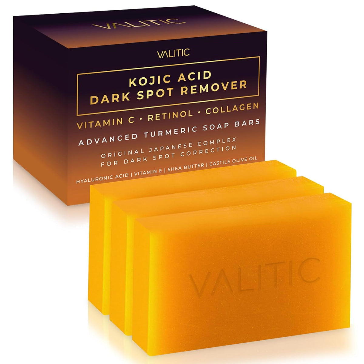 VALITIC Kojic Acid Dark Spot Remover Soap Bars, Turmeric Bar Soaps 3 Pack
