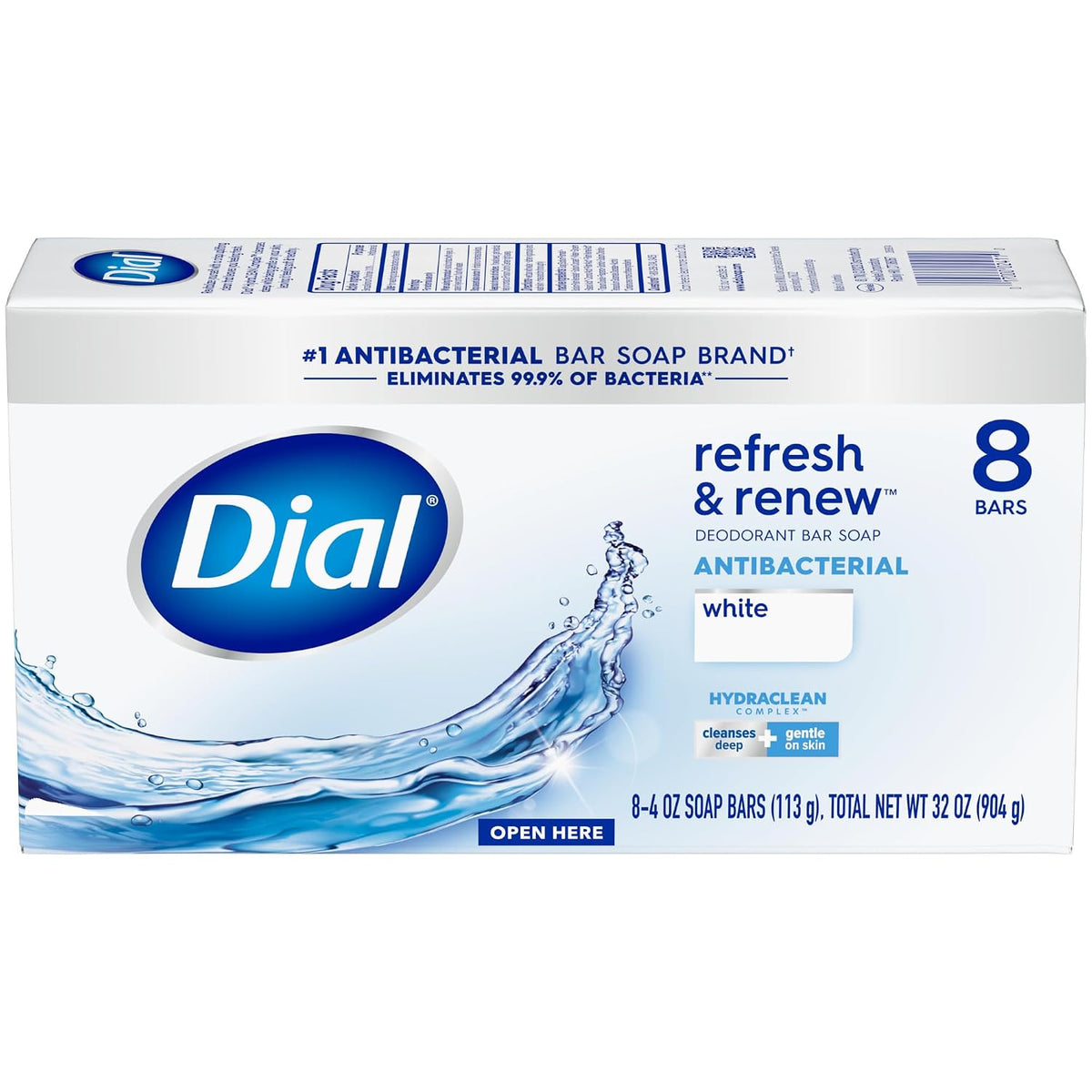Dial Antibacterial Deodorant Bar Soap, Refresh & Renew White, 4 Oz, 32 Bars, Dermatologist Tested, With Clean Rinse Technology