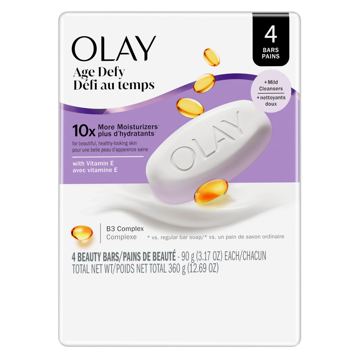 Olay Beauty Bar, Age Defying, 10x More Moisturizers, Smooth & Gentle on Skin, Vitamin E & Vitamin B3 Complex, For All Skin Types, Shea Butter Scent, 3.17 oz, (Pack of 8)