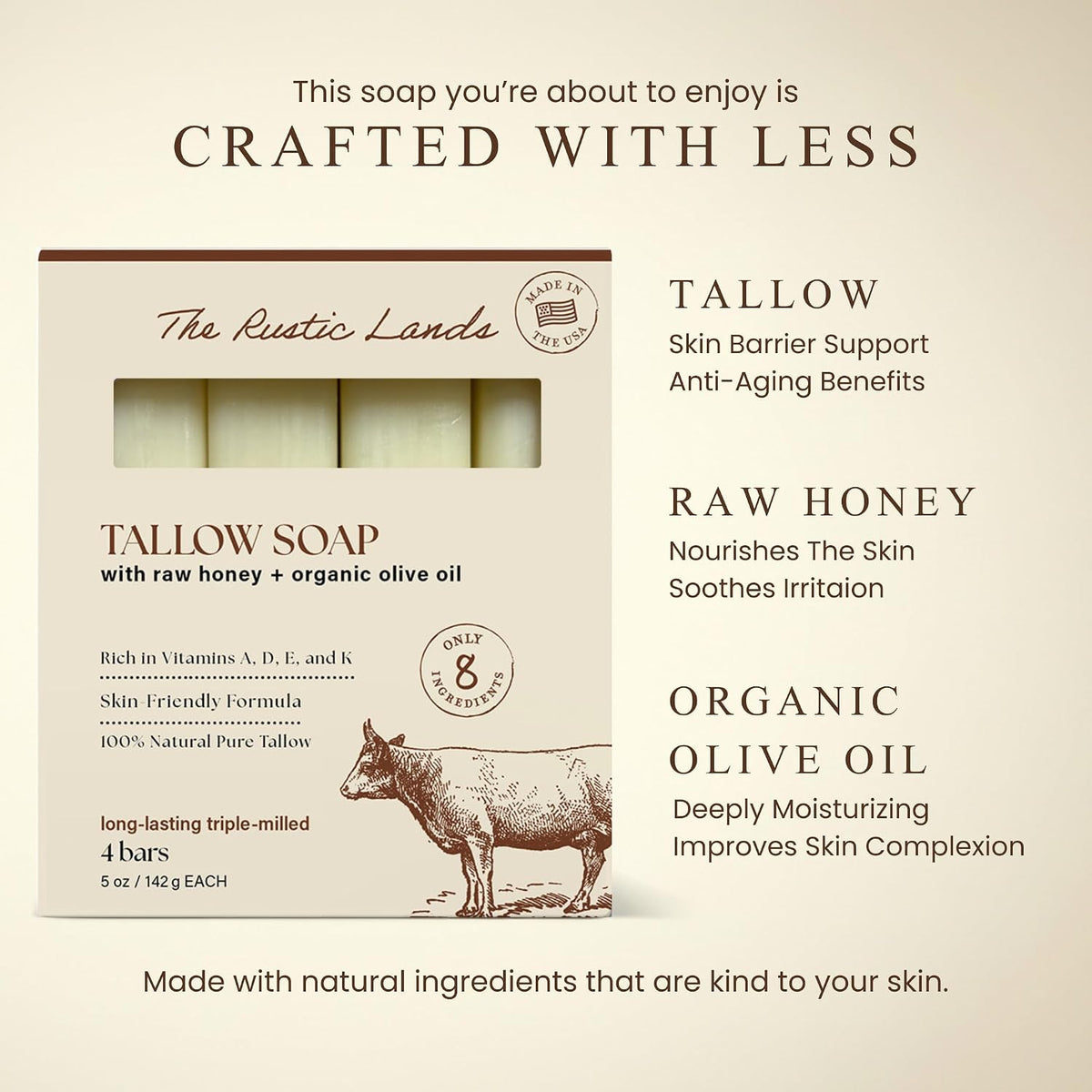 THE RUSTIC LANDS Natural Beef Tallow Soap Bars with Raw Honey & Olive Oil - Scented with Eucalyptus Essential Oil, 4 Pack (5 oz Each), Made in USA Soap for Sensitive Skin, Moisturizing Bath & Body