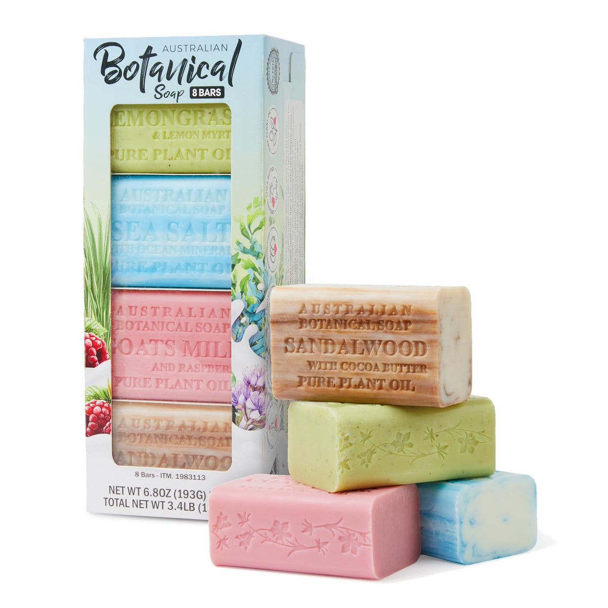 Australian Botanical Soap Variety Pack, 6.6 oz Bars – Goat Milk, Eucalyptus, Manuka Honey, Sea Salt, Pink Lychee, Lemongrass, Raspberry, Valencia Orange – Enriched with Organic Shea Butter, Pack of 8