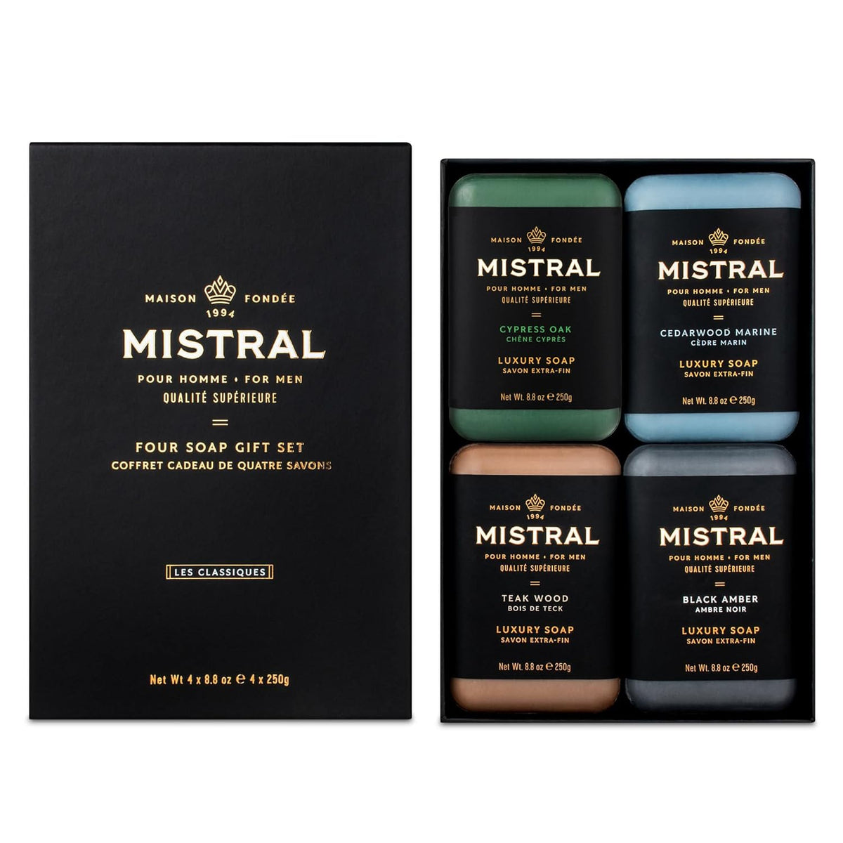 Mistral Men’s Luxury Bar Soap for Men, Classics Gift Set (4 x 8.8 oz)