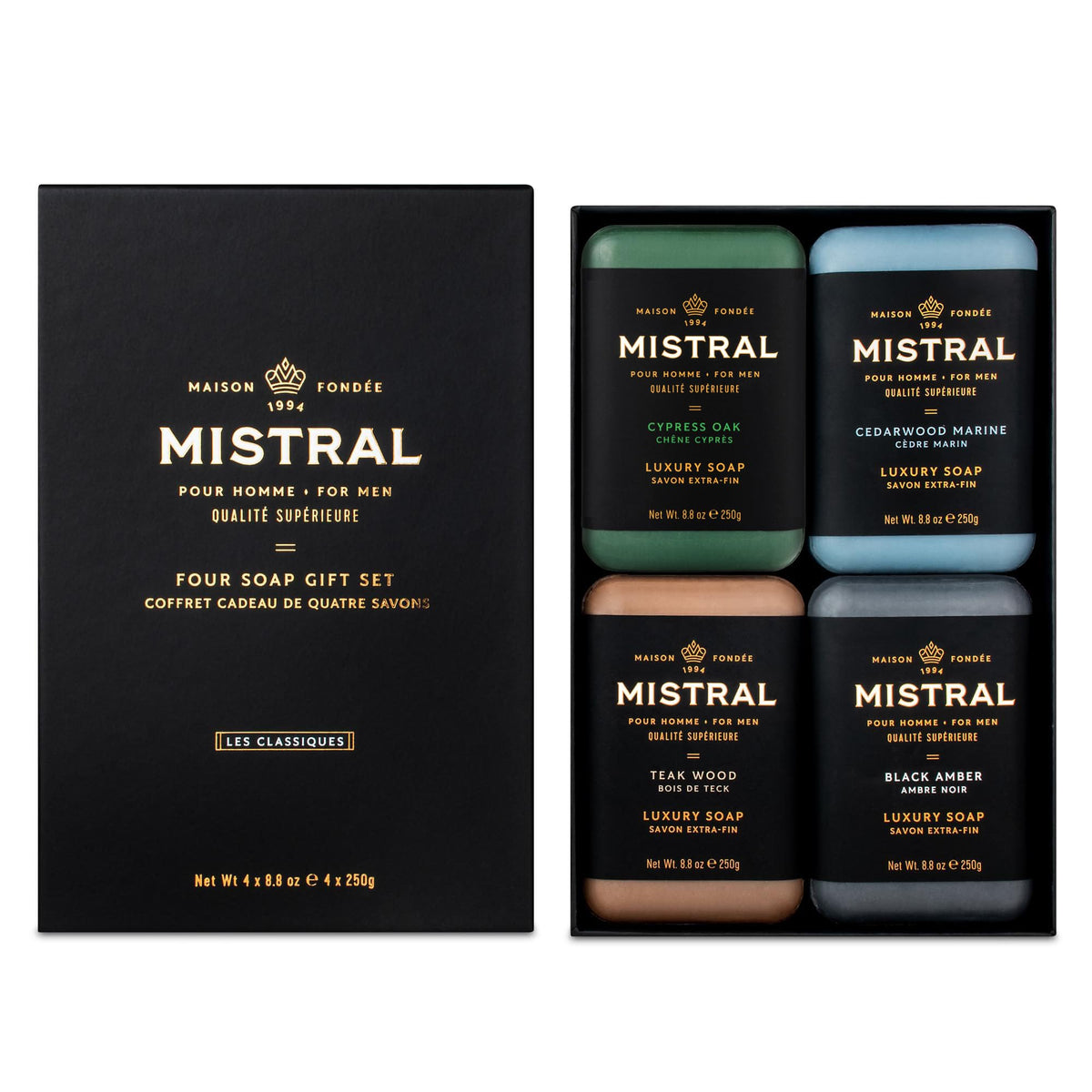 Mistral Men’s Luxury Bar Soap for Men, Classics Gift Set (4 x 8.8 oz)