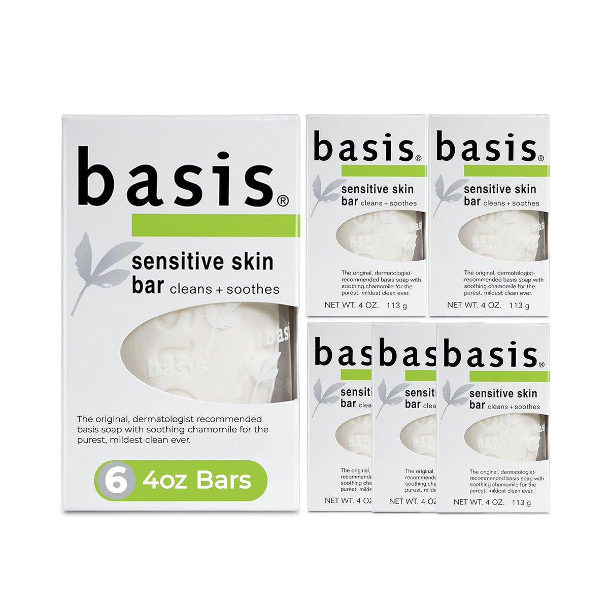 Basis Sensitive Skin Bar Soap for Body, Hands and Face, Multipack, 6 x 4 OZ