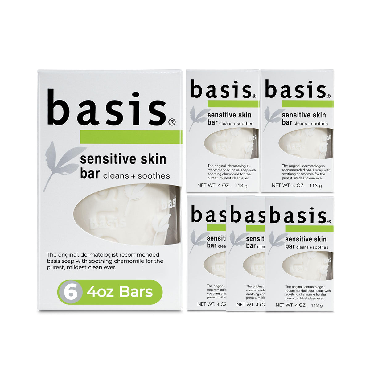Basis Sensitive Skin Bar Soap for Body, Hands and Face, Multipack, 6 x 4 OZ